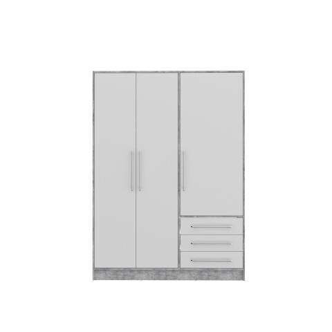 Drehtürenschrank >JUPITER < 3 Türen, 3 Schübe, Betonoptik / Weiss - 144,6x200x60 (BxHxT)