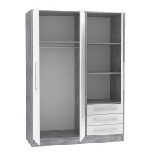 Drehtürenschrank >JUPITER < 3 Türen, 3 Schübe, Betonoptik / Weiss - 144,6x200x60 (BxHxT)