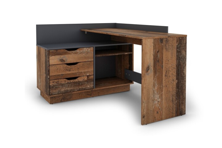 Winkelschreibtisch >BELFAST< in Old-Wood/Anthrazit 129 x 83,5 x 105 cm (BxHxT)