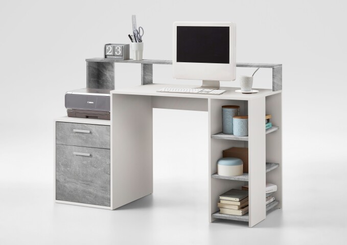 Schreibtisch >BOLTON< in weiß-Beton LA - 138,5x91,6x53,5cm (BxHxT)