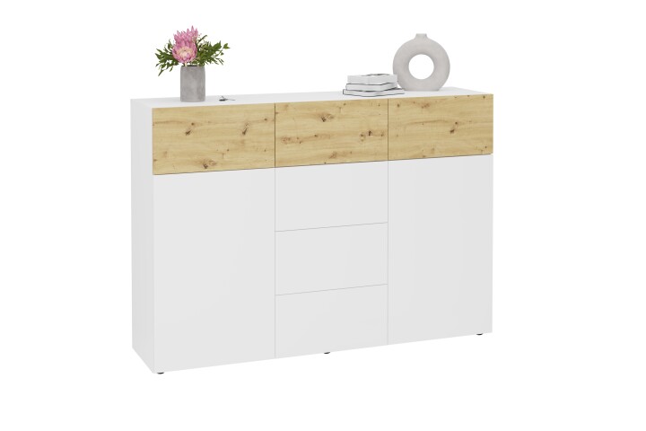 Kommode >BELM 4< in Brillantweiß-Artisan Eiche - 163x115x42cm (BxHxT)