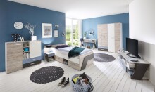Kommode >NONA 4< in Sandeiche Dekor-weiß-Lava-Denim - 116,9x105x33cm (BxHxT)