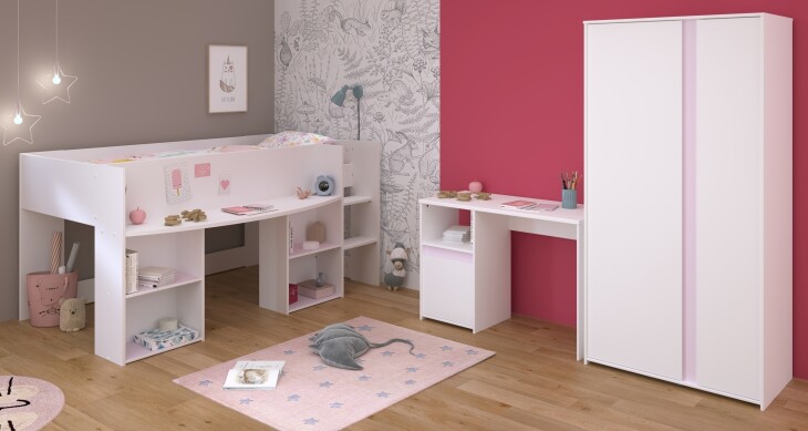 Jugendzimmer-Set >Pirouette 13< (3-teilig) Weiss / Rose oder grau, Hochbett, Schrank, Schreibtisch