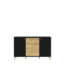 Sideboard >FIXSMILE< 3 Schübe, Mauvella Eiche Dekor / Schwarz - 138x84,6x41,5cm (BxHxT)