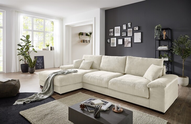 Wohnlandschaft >Adriena< 6 Kissen, Daune, weicher Bezug Cord creme - 321x90x177cm (BxHxT)