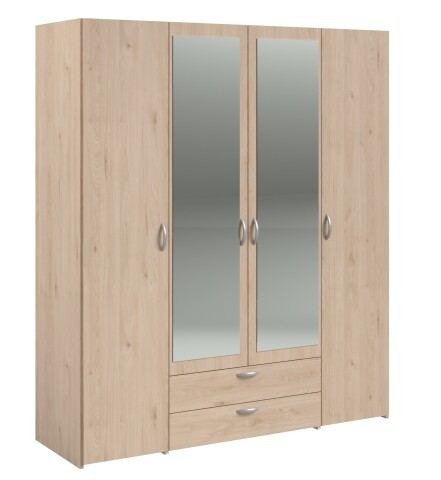 Kleiderschrank >Daily 13< 5 Böden, 2 Stangen, 2 Schübe, Eiche Dekor/Spiegel - 160x185x51cm BxHxT
