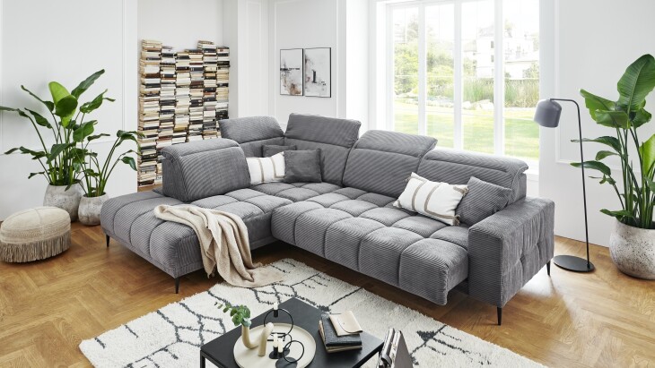 Wohnlandschaft >Lindesberg< elektr. Sitzverstellung, Federkern, grau - 317x107x230cm (BxHxT)
