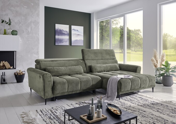 Wohnlandschaft >Wolve< Kopfteilverstellungen, 2 Kissen, Cord oliv - 277x108x179cm (BxHxT)
