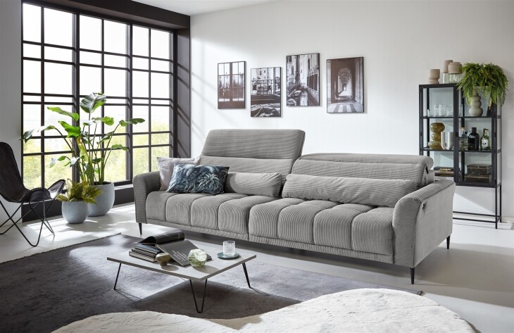 Big-Sofa >Wolve< Kopfteilverstellung, 2 Kissen, Cord silbergrau - 280x108x118cm (BxHxT)