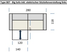 Big-Sofa >Wolve< 1x elektr. Verstellung, 2 Kissen, Cord beige - 280x108x118cm (BxHxT)