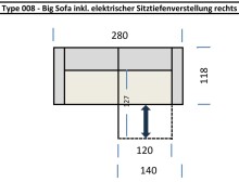 Big-Sofa >Wolve< 1x elektr. Sitzverstellung, Cord dunkelgrau - 280x108x118cm (BxHxT)