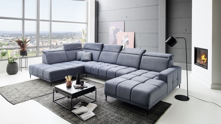 Wohnlandschaft >Lindesberg< elektr. Sitzverstellung, 2 Kissen, blaugrau - 398x107x234cm (BxHxT)