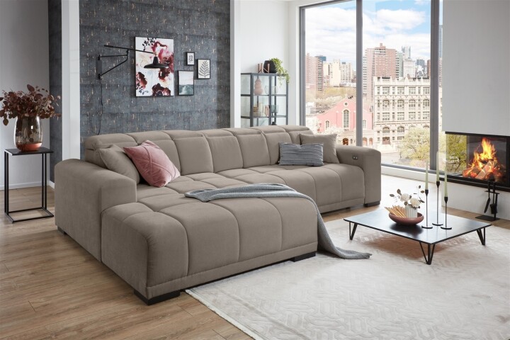 Wohnlandschaft >Puppet< Kopfteilverstellung, 2 Kissen, taupe - 301x113x195cm (BxHxT)