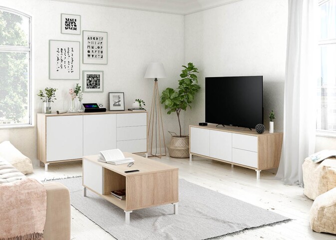 Wohnzimmer-Set >BROOKLYN< in Canadian Eiche/Artik Weiß - 130x47x41 (BxHxT)