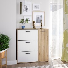 Schuhschrank >CLASS< 3 Klappen, 1 Tür, Nodi Eiche Dekor /Artik Weiß - 105x112x24 (BxHxT)