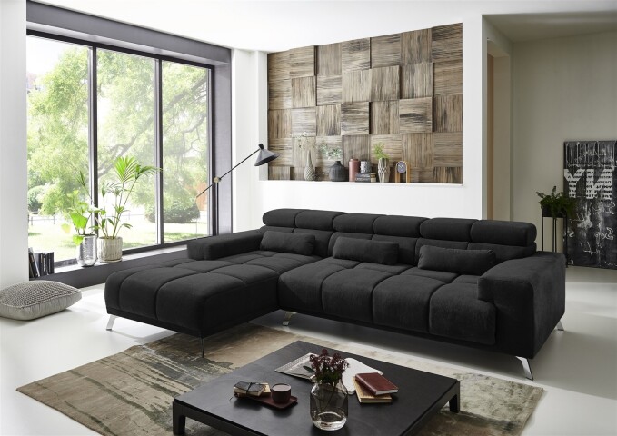 Wohnlandschaft >Starlett< elektr. Sitztiefenverstellung, 3 Kissen, schwarz - 285x99x201 (BxHxT)