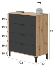 Kommode >ENZO< 4 Schubladen, Nodi Eiche Dekor / Anthrazitgrau - 77,5x93,5x40 (BxHxT)