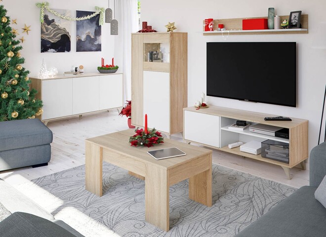 Wohnzimmer-Set >KIKUA PLUS< (4-Teilig) in Canadian Eiche/Artik Weiß - 135x50x40 (BxHxT)