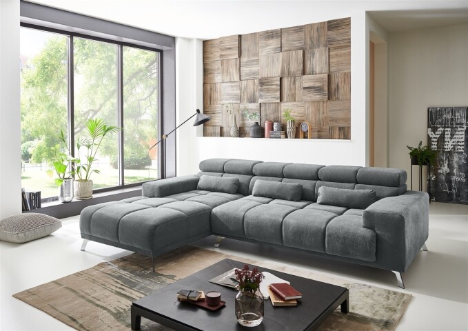 Wohnlandschaft >Starlett< Kopfteilverstellungen, 3 Kissen, grau, Füße schwarz - 285x99x201 BxHxT