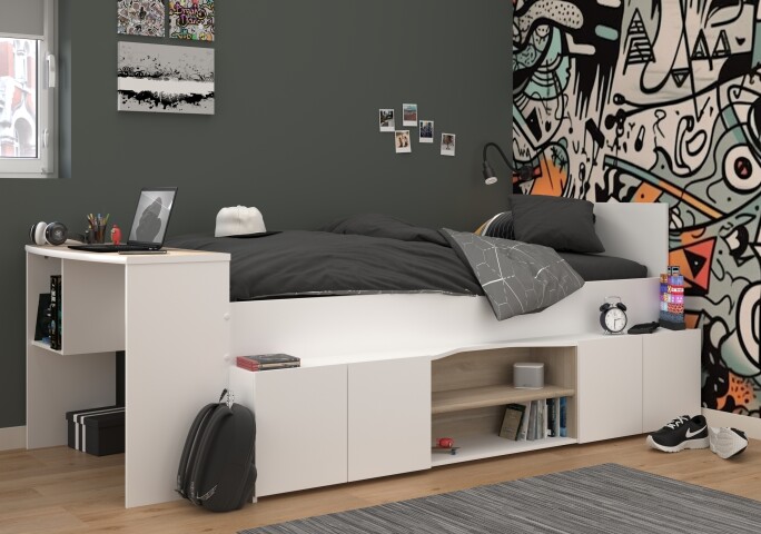 Hochbett >Cleo 1< Stauraum, Liegefl. 90x200, Weiss / Eiche Dekor - 241x116x90cm (LxBxH)