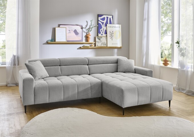Wohnlandschaft >Stanislaw< elektr. Sitztiefenverstellung, Cord silbergrau - 256x100x180cm (BxHxT)