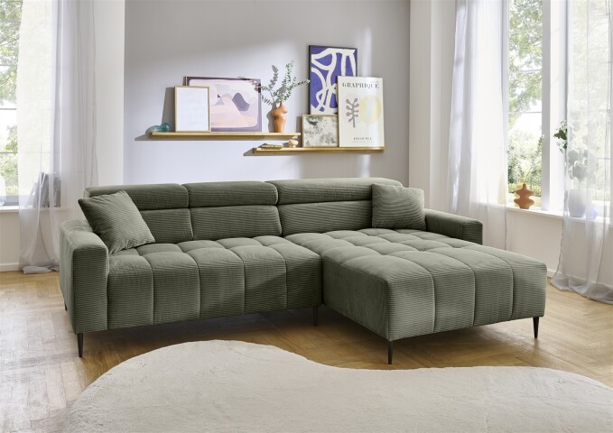 Wohnlandschaft >Stanislaw< elektr. Sitztiefenverstellung, Cord grün - 256x100x180cm (BxHxT)