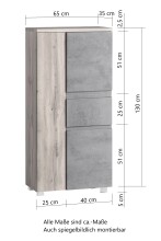 Midischrank >Paris< in weiß/ Wotaneiche, MDF - 65x130x35cm (BxHxT)