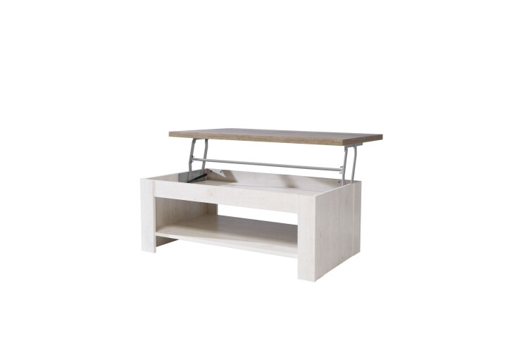 Couchtisch >Duro< aufklappbar 76,3cm, Pinie weiss / Eiche - 110x45,2/67,3x65cm (B/H/T)
