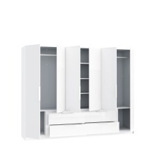 Drehtürenschrank >LUANO< 4 Schubladen, 6 Türen, Weiss / Weiss Glanz - 269,7x210,5x60cm (BxHxT)