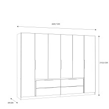Drehtürenschrank >LUANO< 4 Schubladen, 6 Türen, Weiss / Weiss Glanz - 269,7x210,5x60cm (BxHxT)