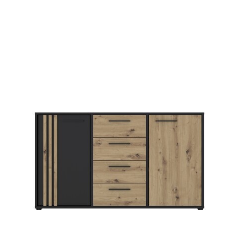 Sideboard >CARDIGAN< 2 Türen, 4 Schübe, Artisan Eiche / Schwarz - 142,6x82,3x34,3cm (BxHxT)