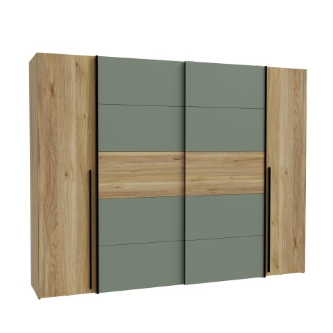 Dreh-/Schwebetürenschrank >NARAGO< 10 Böden, 2 Stangen, Salbei / Eiche Dekor - 270,3x210,5x61,2cm (BxHxT)