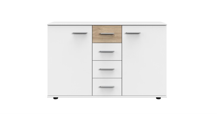 Kombikommode >Budapest< 2 Türen, 4 Schübe, weiss / Hickory-Eiche-Dekor - 130x83x41cm (B/H/T)