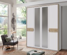 Drehtürenschrank >Budapest< 4 Türen, Spiegel, weiss / Hickory-Eiche-Dekor - 180x208x58cm (B/H/T)