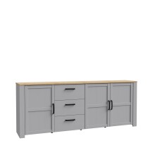 Sideboard >BOHOL< 3 Türen. 3 Schübe, Riviera Eiche / Eiche grau - 220,8x87x42cm (BxHxT)