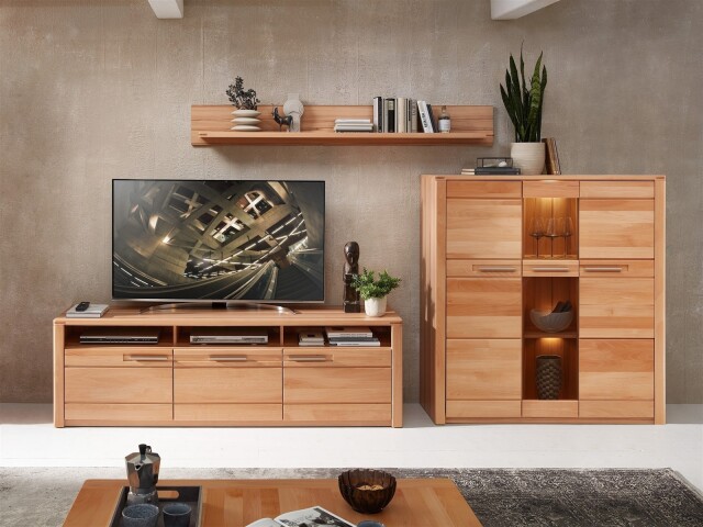 Wohnwand >Nature One< 3-teilig, mit LED, FSC, in Kernbuche teimassiv - 330x180x45cm (B/H/T)