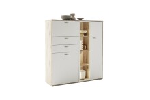 Highboard >SANTERNO< 2 Türen, 2 Schübe, Fächer, Soft withe / Eiche Dekor - 124x133x37 BxHxT
