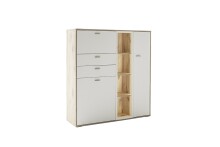 Highboard >SANTERNO< 2 Türen, 2 Schübe, Fächer, Soft withe / Eiche Dekor - 124x133x37 BxHxT