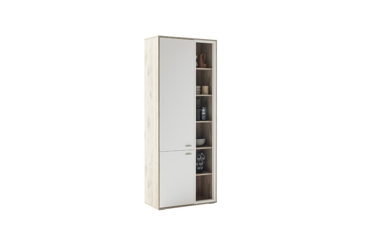 Stauraumvitrine >SANTERNO< 2 Türen, 12 Fächer, Soft withe/ Viking Eiche Dekor - 78x197x37 (BxHxT)