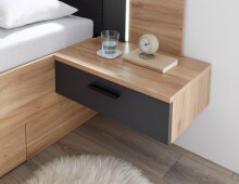 Bettanlage >Aschau< LED, 2 Schübe, Mauvella Eiche Dekor / Graphit - 305x93x210cm (BxHxT)