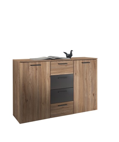 Sideboard >Aschau< 2 Türen, 4 Schübe, Mauvella Eiche Dekor/ Graphit - 140x89x38cm (BxHxT)