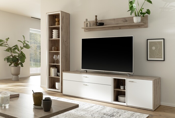 Wohnwand >SANTERNO< (3-teilig) in weiss / Eiche Dekor - 264x197x50 (BxHxT)