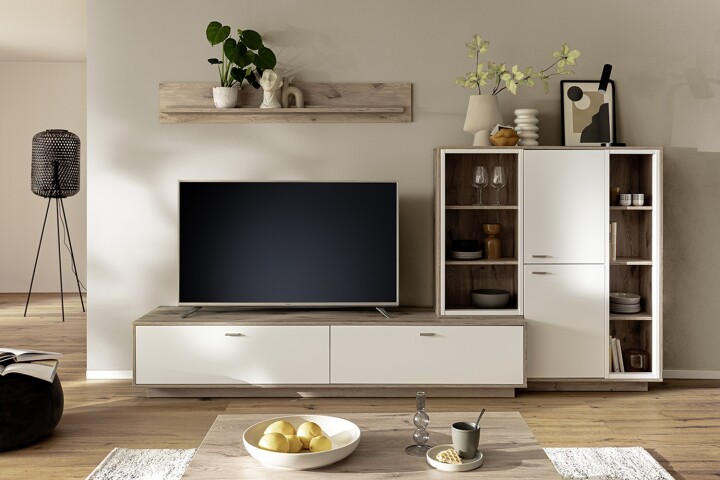 Wohnwand >SANTERNO< (3-teilig) in Soft weiss / Eiche Dekor - 287x180x50 (BxHxT)