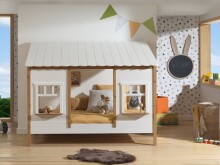 Hausbett >BABS< Lattenrost, teilmassiv eichfarbig / weiss - 214,2x174x105,3cm (BxHxT)