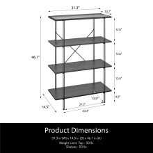 Bücherregal >Ælva< 4 Böden, Glas / Metall matt Schwarz - 78x115x34cm (BxHxT)