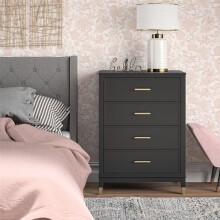 Hochkommode >Bendik< 4 Schübe, in Schwarz, MDF / Kautschukholz - 76x106x50cm (BxHxT)