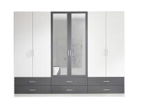 Drehtürenschrank >Janne< 6 Schübe, 6 Türen, Weiß / Graphit / 2x Spiegel - 272x211x55cm (BxHxT)