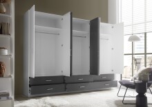 Drehtürenschrank >Janne< 6 Schübe, 6 Türen, Weiß / Graphit / 2x Spiegel - 272x211x55cm (BxHxT)