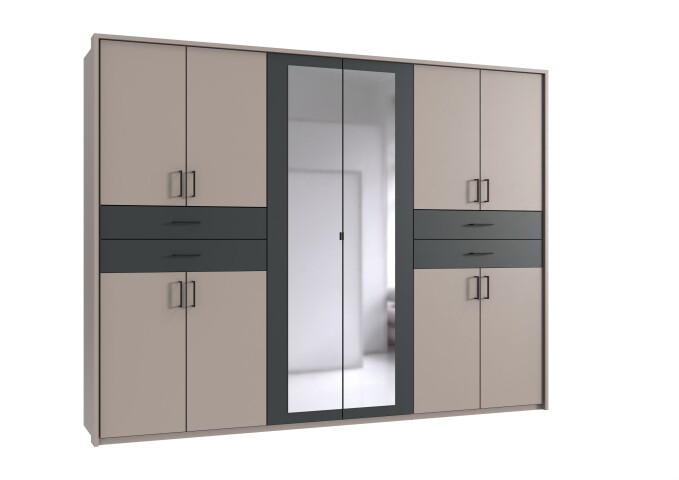 Drehtürenschrank >Taiga< 4 Schübe, 10 Türen, Spiegel, Saharagrau / Graphit - 270x208x58cm BxHxT