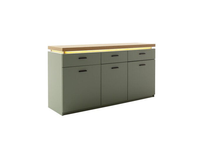 Sideboard >MONIZ< LED-Beleuchtung, Salbei grün/ Eichenfarben Dekor - 156x83x44 (BxHxT)